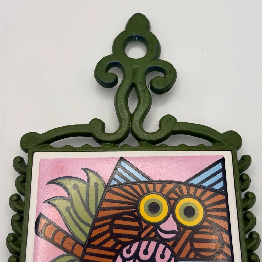 Vintage Enesco Hand Painted Owl Ceramic Tile Trivet Wall Hanging Japan Green MCM